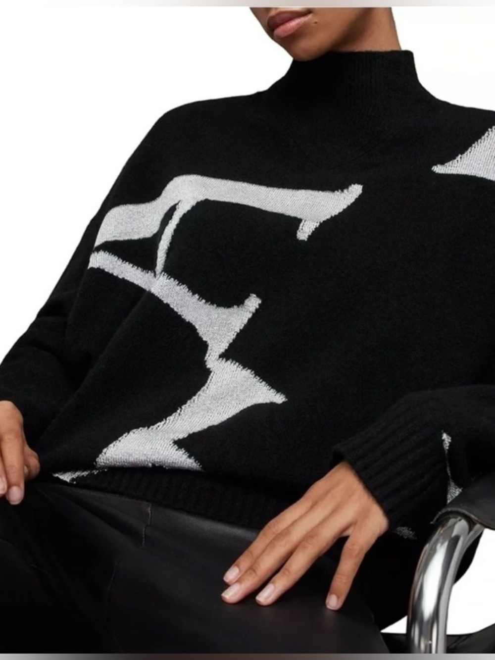 Allsaints Graphic Logo Jacquard Knit Mock Neck Sweater Black White Size L - Picture 5 of 15